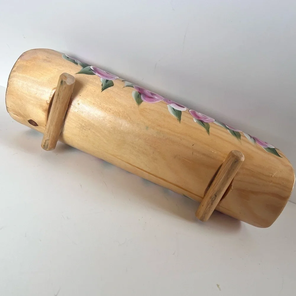 Vintage Wood Tapered Candle Holder Natural Hand Painted Carved Roses 90s Y2K
